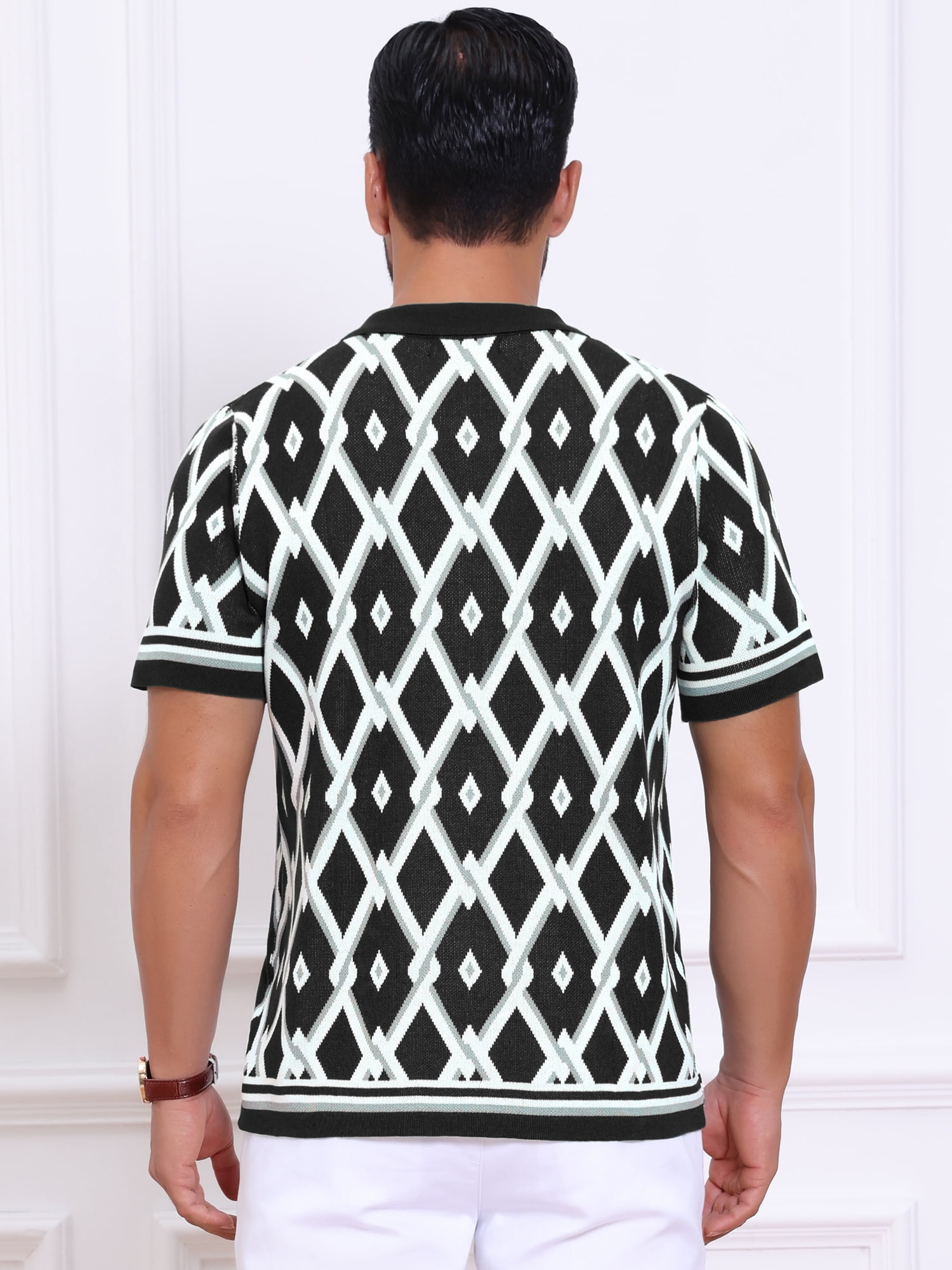 DARING DIVA Men's Short Sleeve Button Down Plaid Knitted Argyle Polo Shirt L Black
