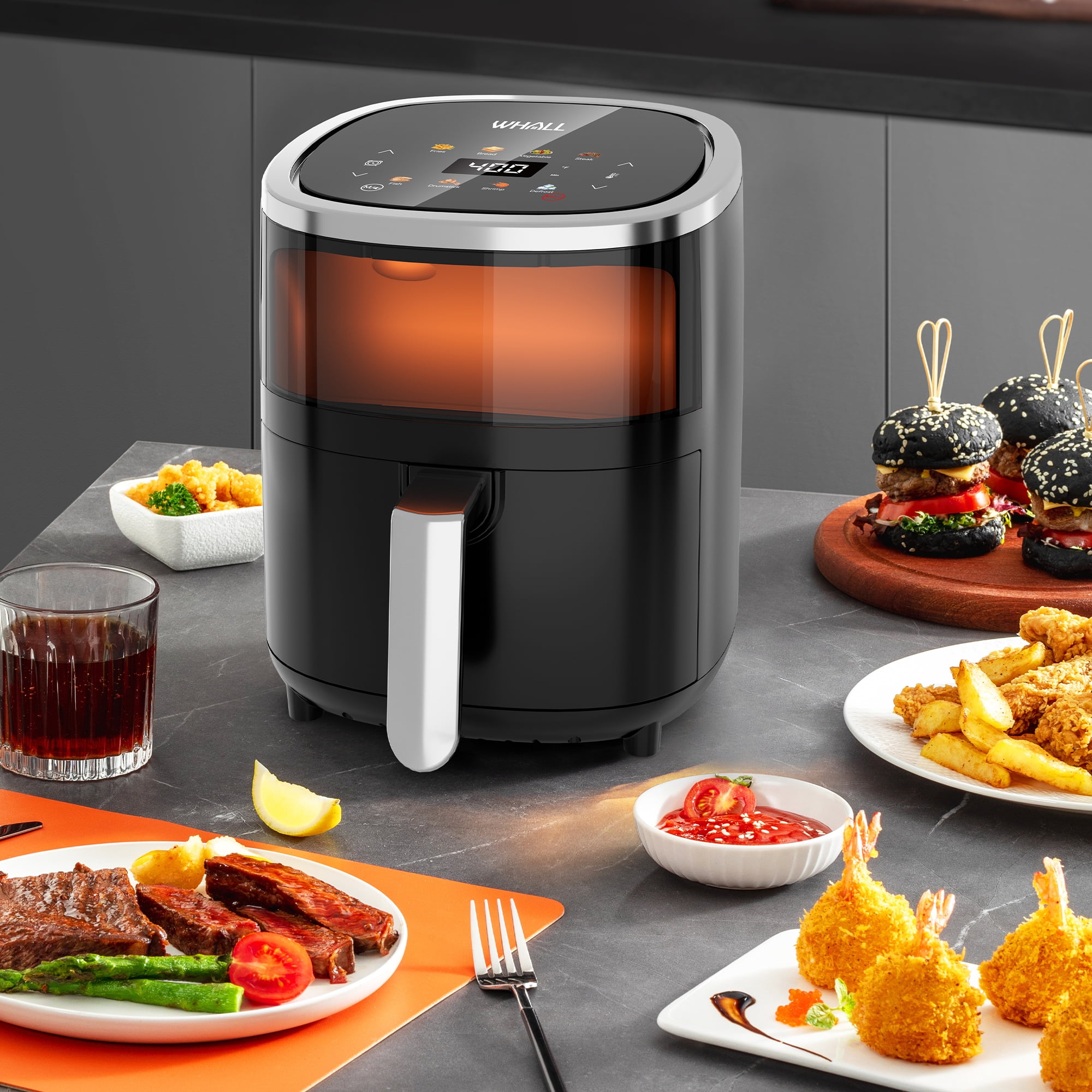 WHALL 4QT Air Fryer Oven, 8-in-1 Preset Menus, LED Smart Touchscreen, Reduce 85% Fat,1200W