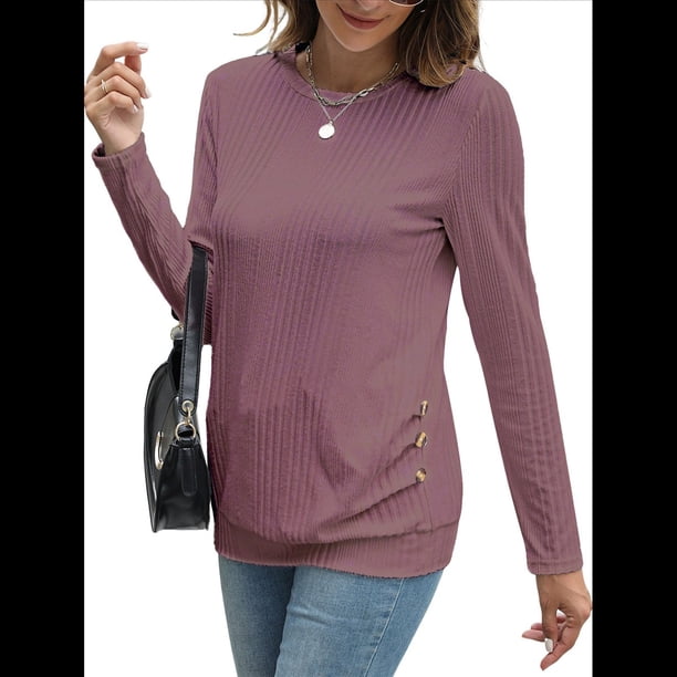 Camisas de Larga para Mujer, Túnicas, Blusas Holgadas, Elegantes, Cuello Redondo, Suéteres Básicos. Gris Rosado Pálido M