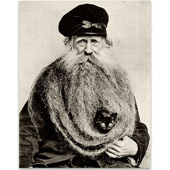 Lone Star Art Kitten Hiding in Old Mans Giant Beard  Vintage Black and White Photo - 11x14 Unframed Print