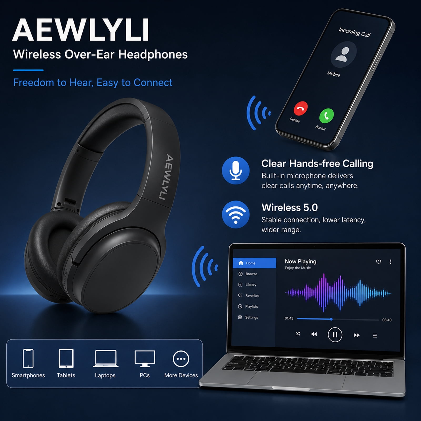 AEWLYLI Noise Cancelling Headphones, Foldable Over Ear Stereo Headset with Microphone, S31 Black