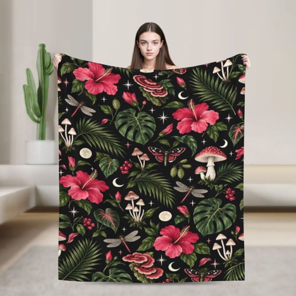 Tropical Floral Blanket Hibiscus Mushroom Botanical Flannel Throw Blanket Gift for Nature Lovers Home Decor 50x40 in