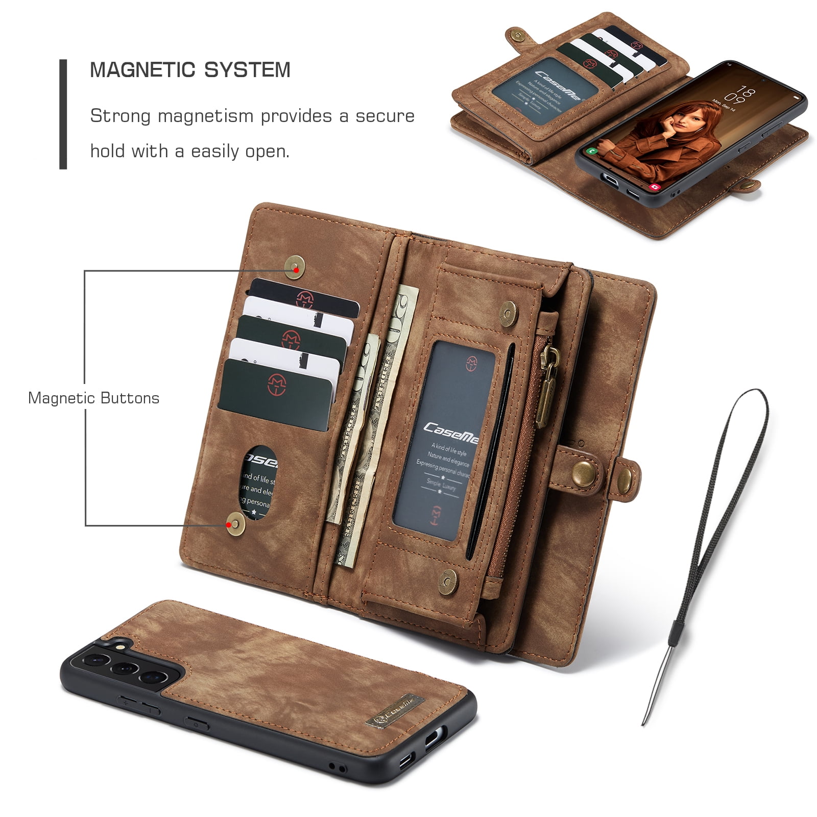 TECH CIRCLE Samsung Galaxy S22 Plus Case,Galaxy S22 Plus Wallet Case with Card Holder Kickstand Zipper Pocket Lanyard Strap Wristlet PU Leather Flip Case Wallet for Galaxy S22 Plus 6.6 inch,Darkbrown