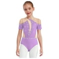 thumbnail image 3 of Rswnyirn Kids Girls Figure Skating Dance Leotard Rhinestones Short Sleeve Cutout Back Mesh Patchwork Light Purple 10, 3 of 5