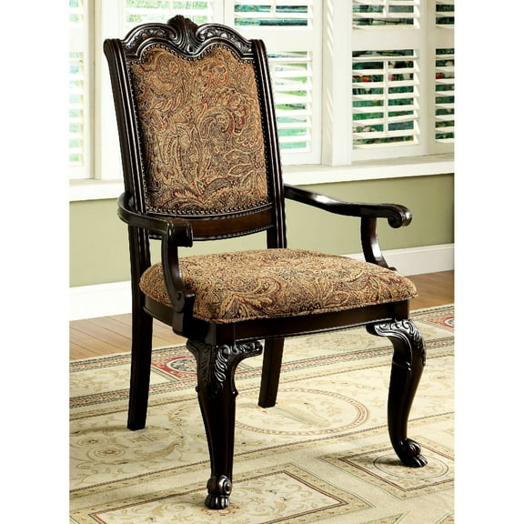 Formal Brown Fabric Arm Chairs, Intricate Carvings, Dining Room Luxury Upholstered Solid Wood, Carvings For