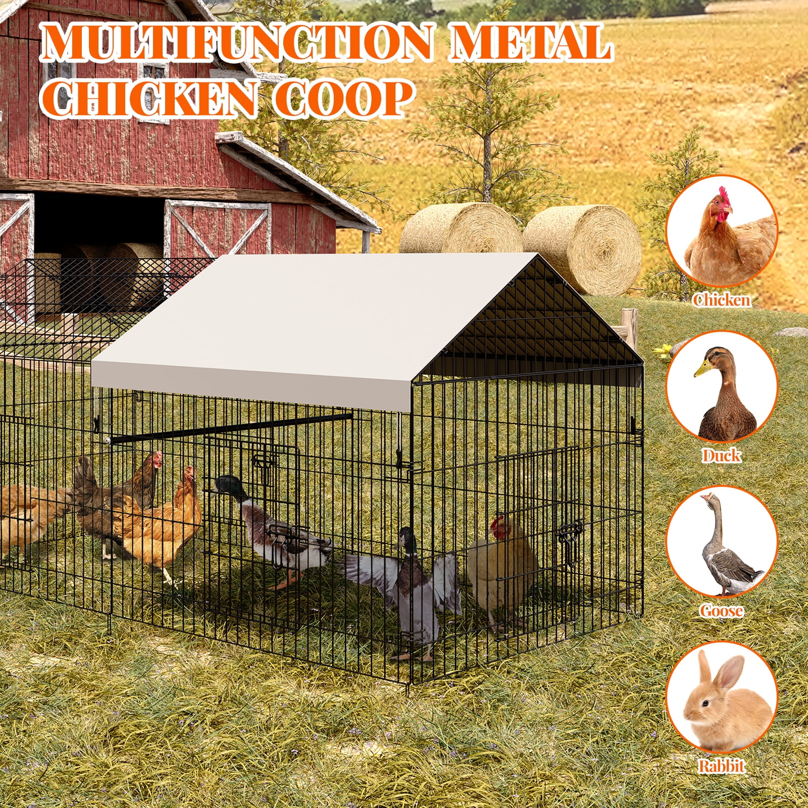 Heavy Duty Large Metal Chicken Coop - Walk-In Poultry Cage with Waterproof & UV-Resistant Cover - Portable Outdoor Hen House for Chickens, Ducks, Rabbits - Backyard & Farm Use - 86"L x 40"W x 40"H