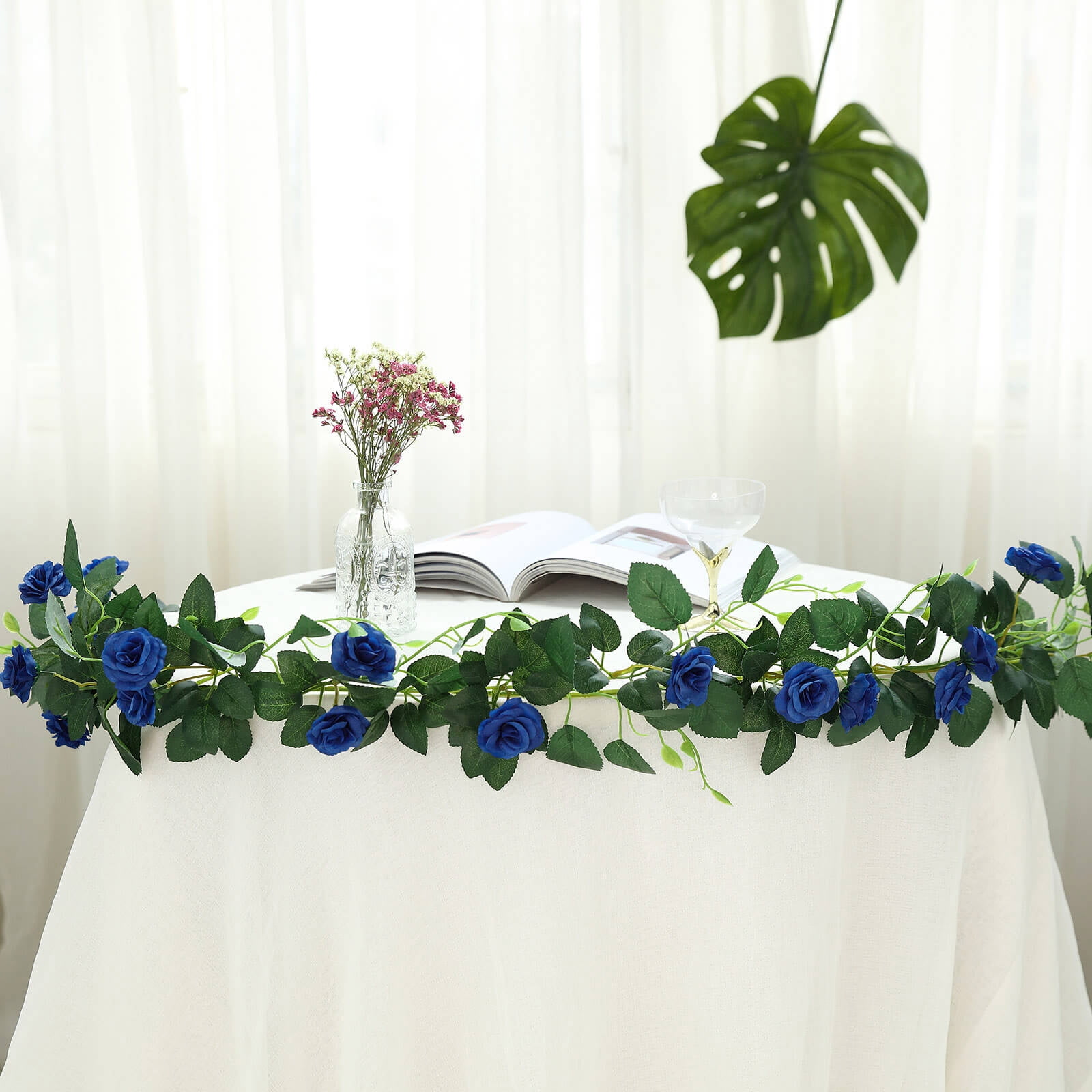 6 ft long ROYAL BLUE 20 Silk Rose Flowers Garland Leaves Bendable Wire Vines 