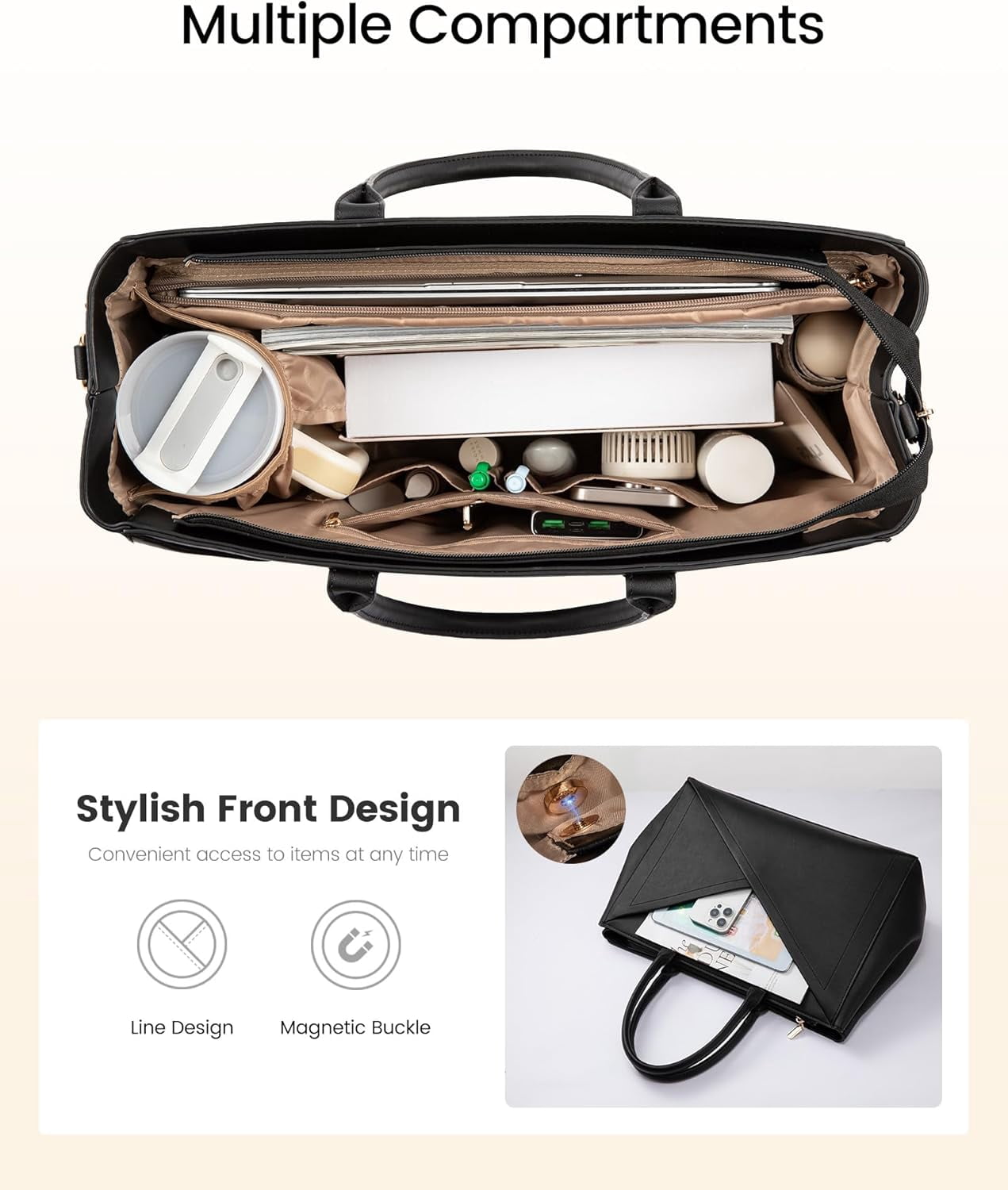 LOVEVOOK Laptop Tote Bag for Women with Large Cup Holder, 15.6 Inch PU Leather Work Bag Teacher Tote Bag, Waterproof Computer Bags Business Office Briefcase Handbag