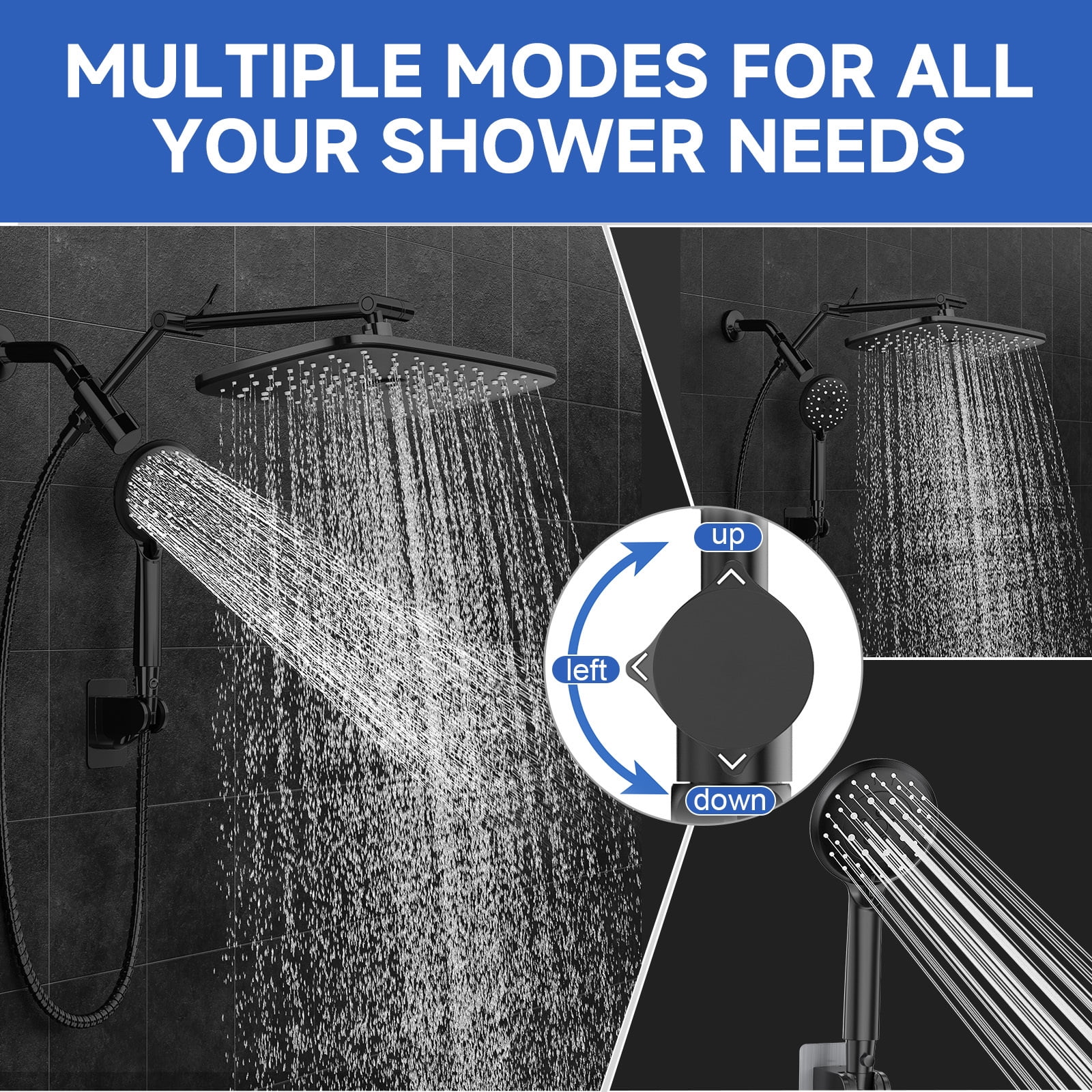 12 Inch Coverage High Pressure Rain Shower Head Combo with Adjustable Extension Arm, Wide Rainfall & 5 Modes Handheld Showerhead, Dual Anti-Clog