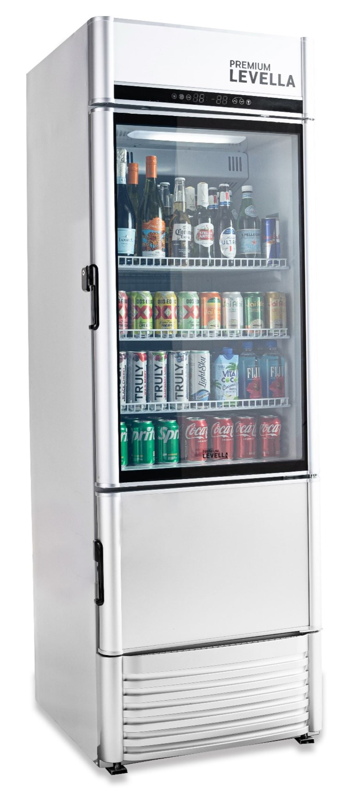 Premium Levella PRFIM1256DX Single Glass Door Merchandiser Refrigerator-Freezer with Automatic Ice Maker Display Beverage Cooler-12.5 cu ft-Silver