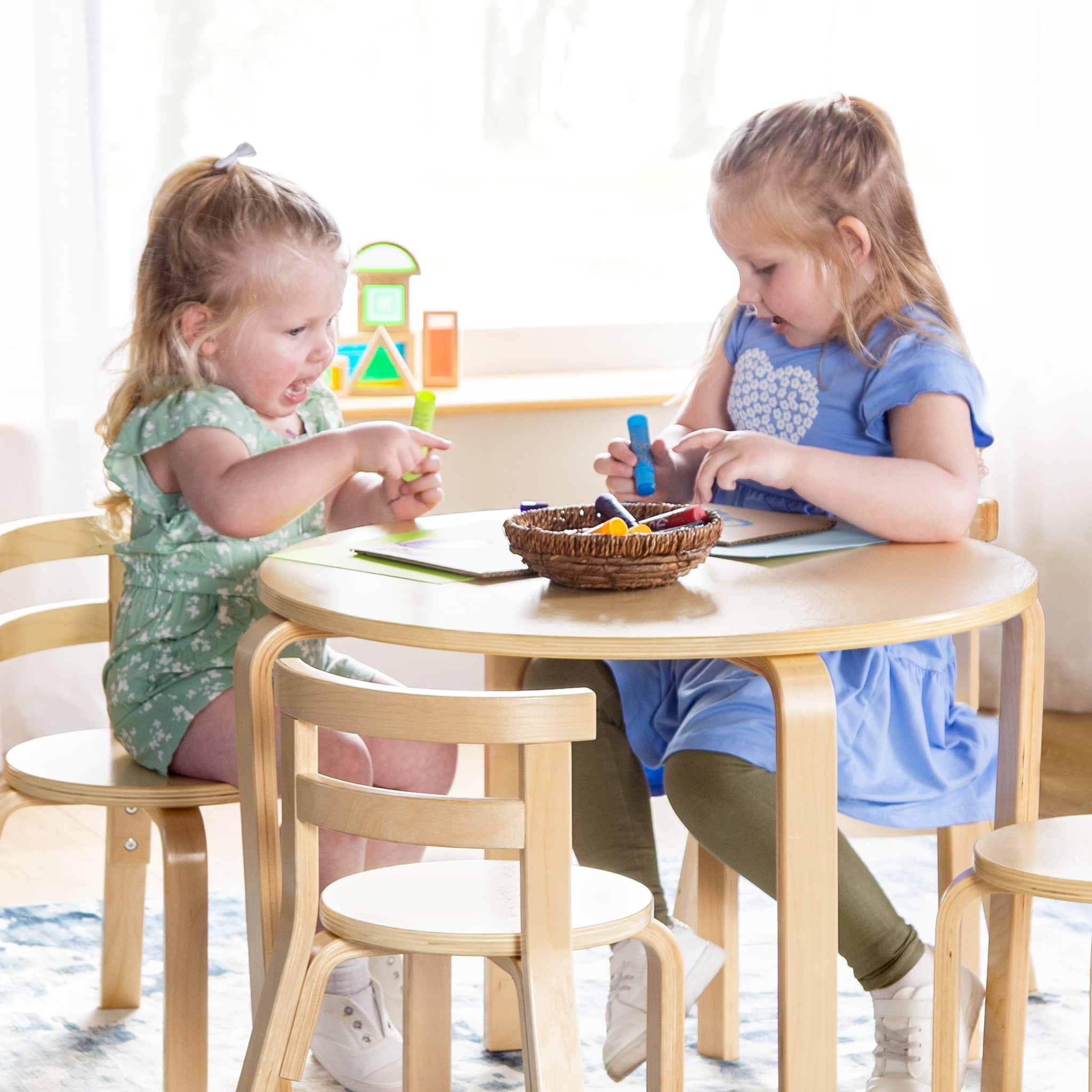 Guidecraft Nordic Table and Chair Set- Natural: Wooden Kids Table with 4 Chairs, Bentwood Classroom Activity Seating for Crafting & Reading, Kids Play Montessori Furniture for Playroom & Homeschool