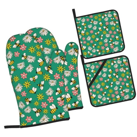 

Balery Flying Bees Pattern Oven Mitts and Pot Holders 4 pcs Set Kitchen Oven Glove High Heat Resistant 500℉ Oven Mitts with Non-Slip Silicone Surface