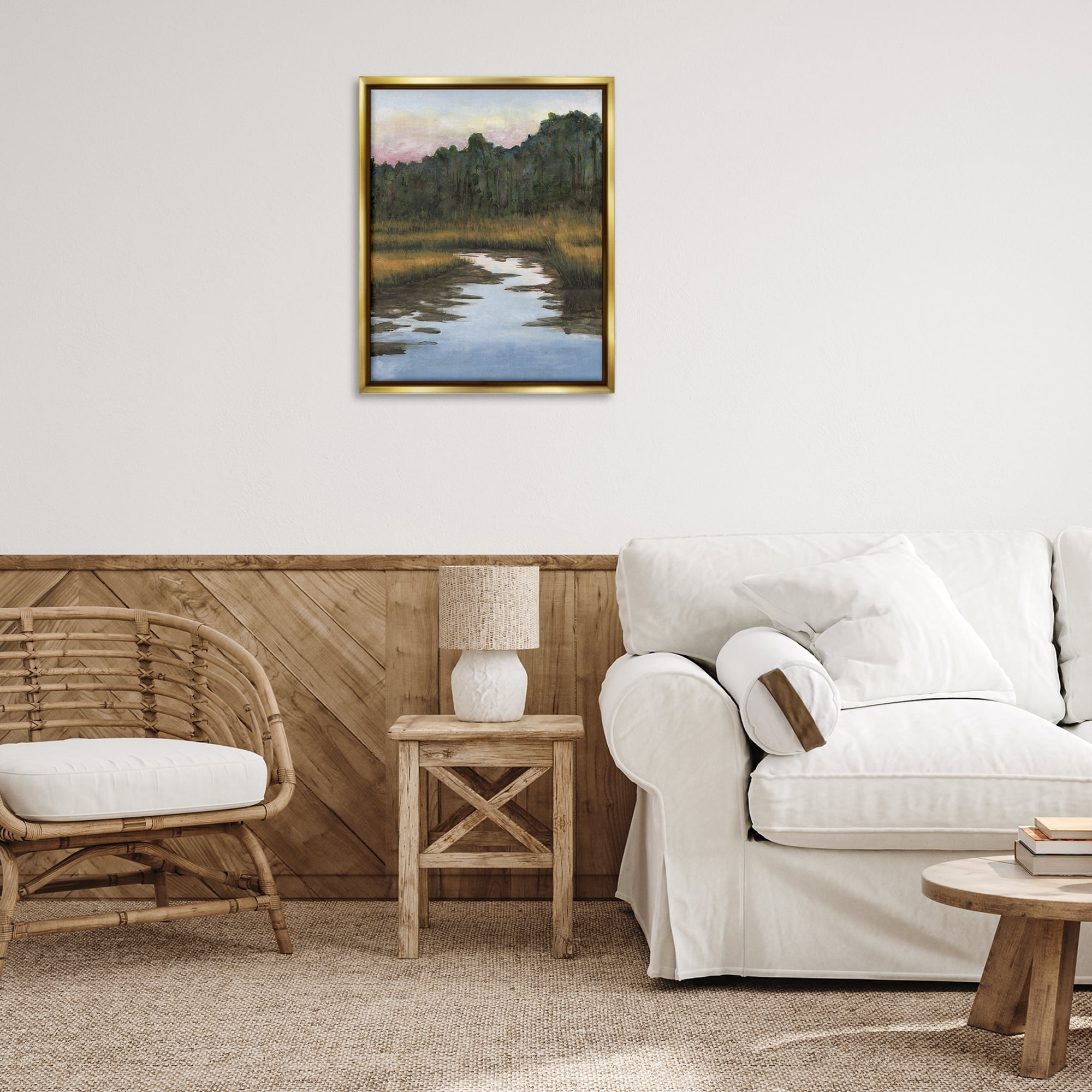 Stupell Industries Peace Stream in Nature Landscape & Nature Painting Gold Floater Framed Canvas Art Print Wall Art, 25 x 31