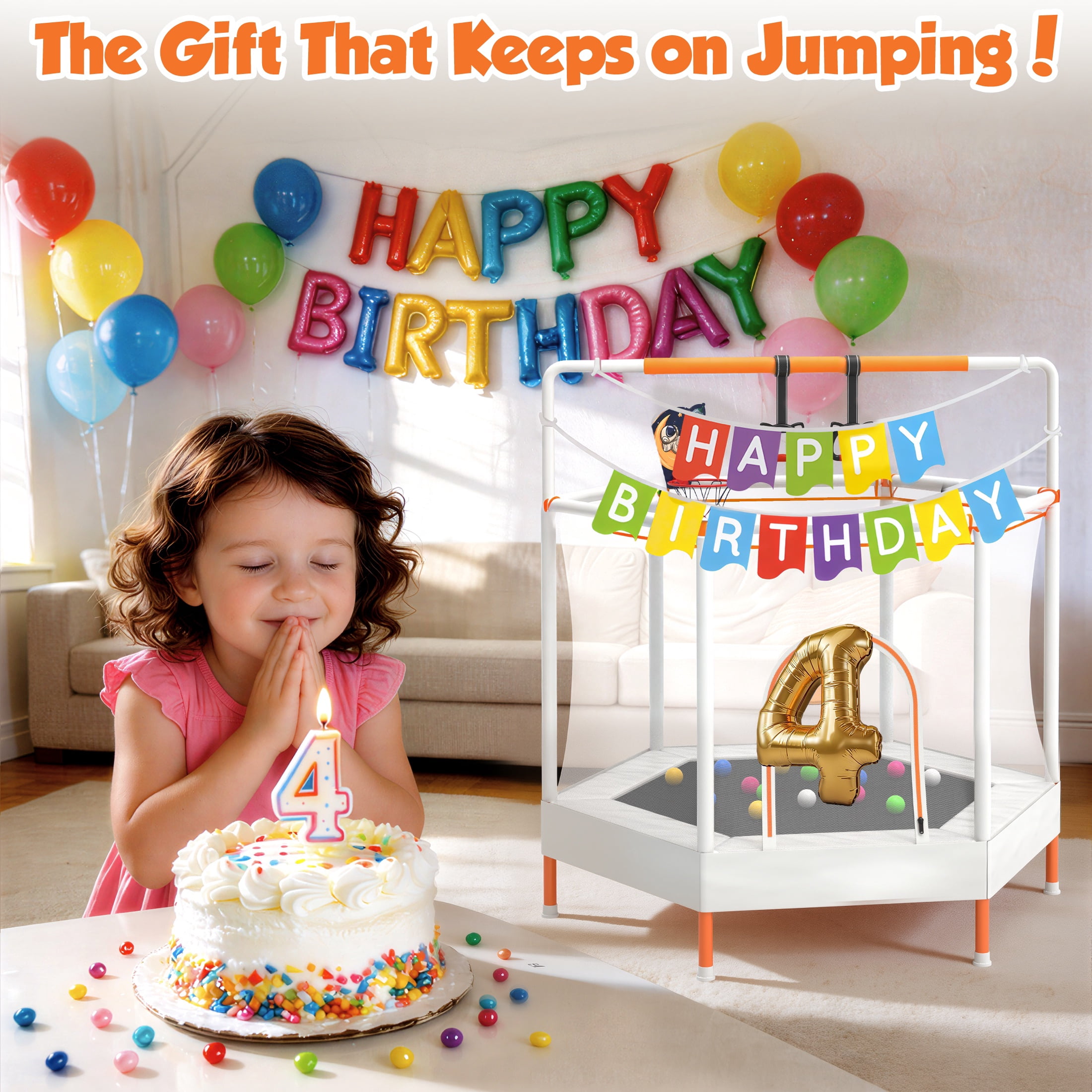 60" Mini Trampoline for Kids with Enclosure, Shinpt Indoor & Outdoor Toddler Trampoline, Upgrade Full Anti-Rust Tube with Adjustable Gymnastics Bars, Small Trampoline for Boys & Girls