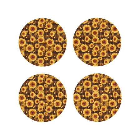 

Pofeuu Vintage Brown Plaid Sunflower Print Coasters for Drinks 4Pack PU Leather Coasters Bar Drink Coasters for Tabletop Protection Furniture from Damage-Round Shape
