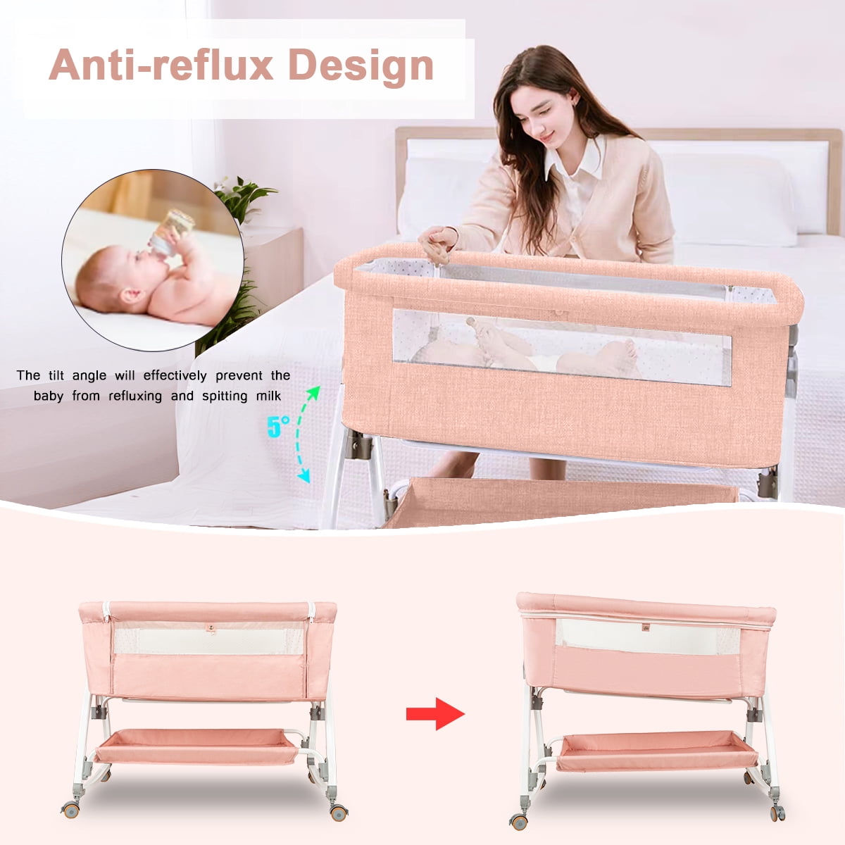 BEJOLO 5-in-1Baby Bassinet, Infant Bedside Crib with Changing Diaper Table, 6 Gear Adjustable Height, for 0-24 Months, Pink