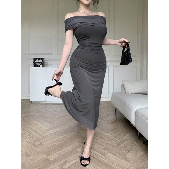 Grey Off Shoulder Ruched Midi Dress Elegant Solid Bodycon Sundress For Evening Or Wedding Guest