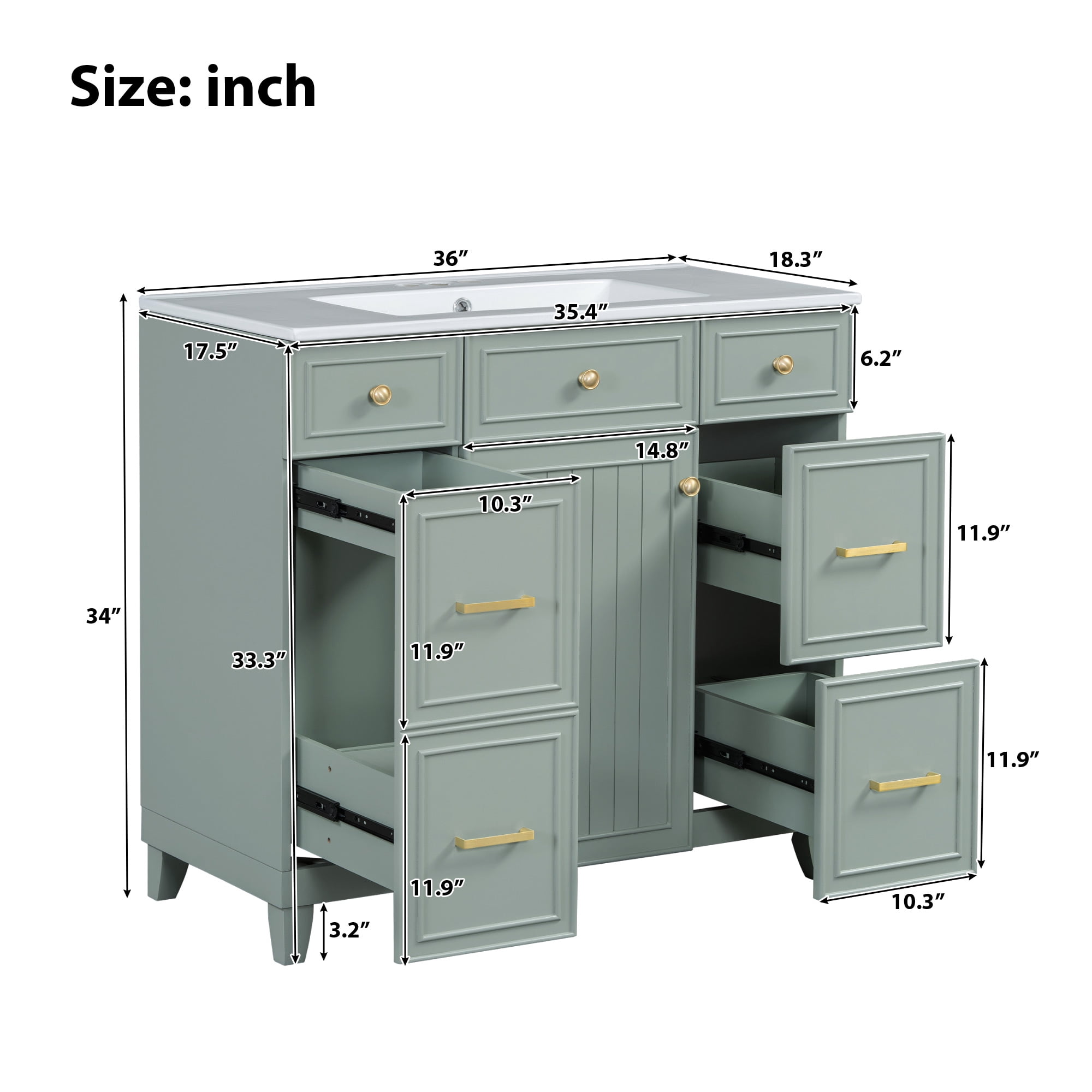 Euroco 36" Bathroom Vanity with Ceramic Sink, Green, Solid Wood Frame, Soft Close Doors, Adjustable Shelves, 3 Drawers ,Including Double-Depth Drawer for Hairdryer Storage