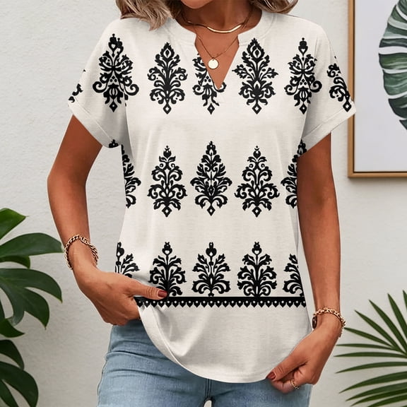 BOMYJESK Women's Tops Short Sleeve V Neck T Shirts Business Casual Western Ethnic Style Basic Blouses 2026 Spring Trendy Going Out Loose Fit Outfits Beige L