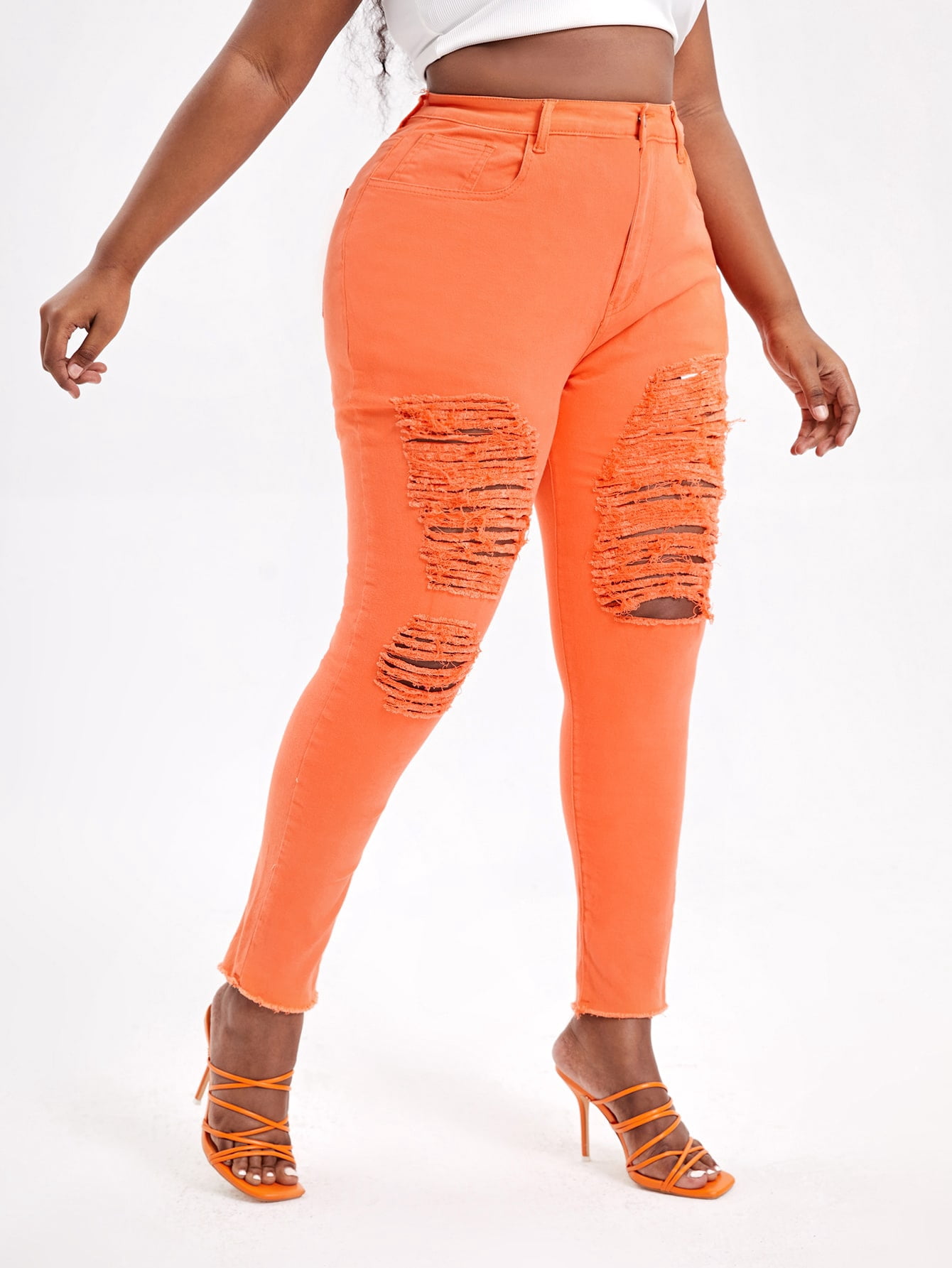 Women's Plus Neon Orange Ripped Skinny 