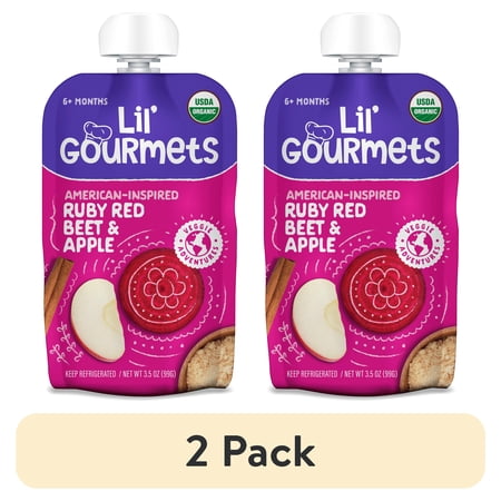 (2 pack) Lil’ Gourmets Refrigerated Stage 2 Baby Food, American-Inspired Ruby Red Beet & Apple, 3.5 oz Pouch