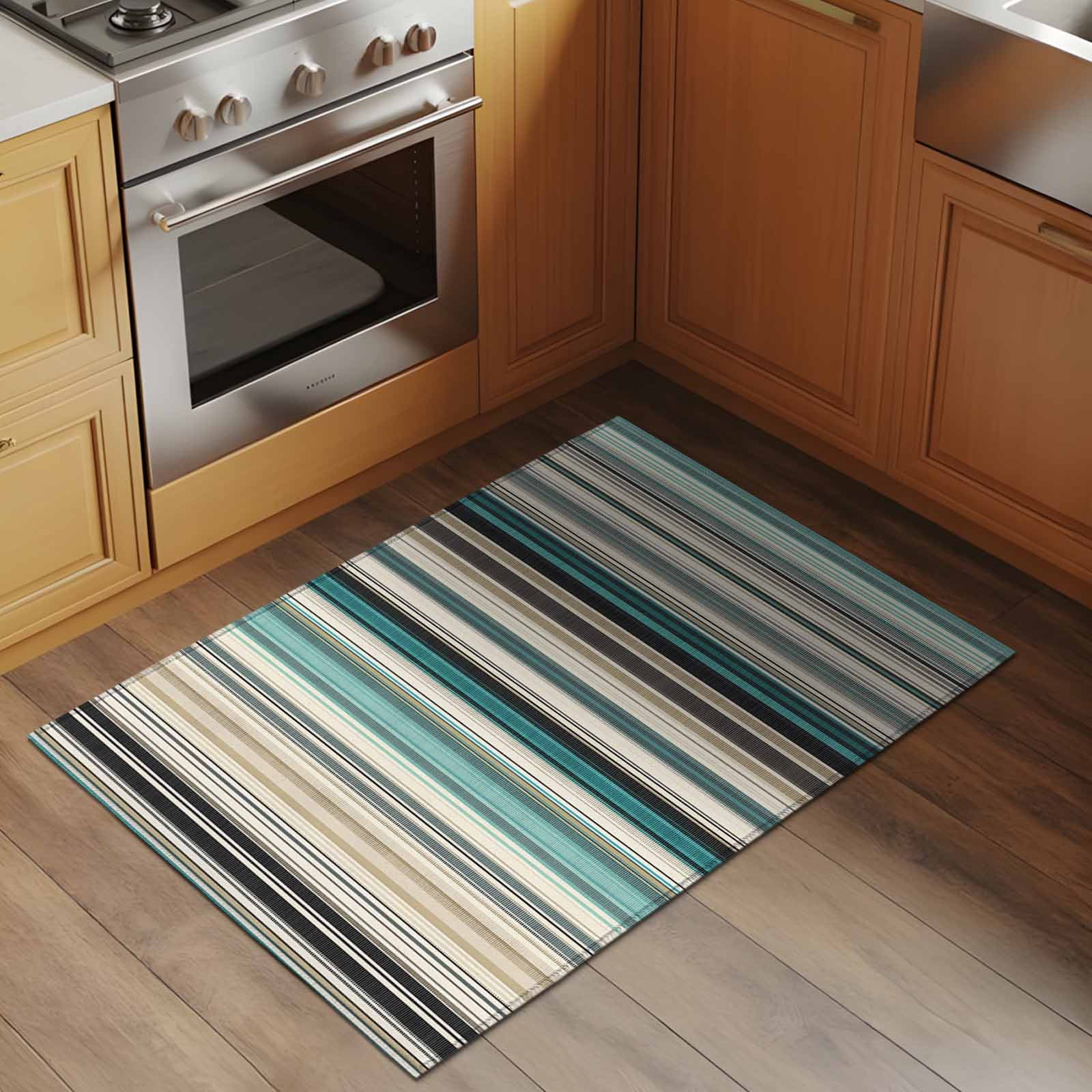 Teal Blue Striped Entryway Rug 2'x3'&nbsp; Non Slip Front Door Mats, Farmhouse Stripes Modern Abstract Art Entrance Rugs Indoor Outdoor Carpet, Washable Floor Mats Small Area Rug for Bedroom Kitchen