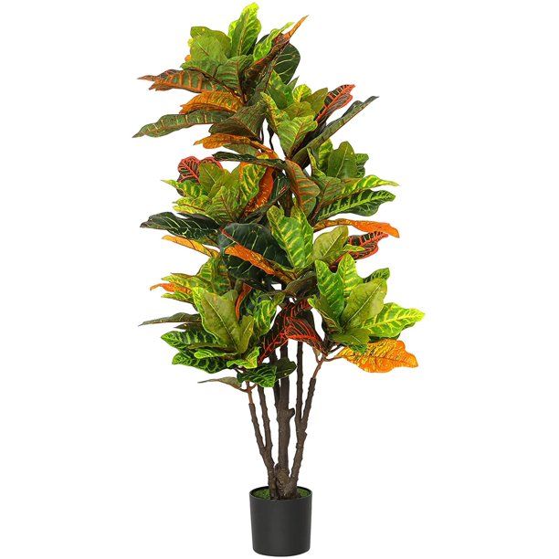 VIAGDO Artificial Croton Plant 43in Tall 142 Colorful Leaves Faux Croton Palm Tree in Pot