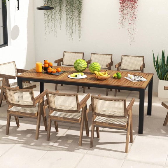 8 Person Outdoor Dining Table 79 Inch Acacia Wood Patio Table with Umbrella Hole