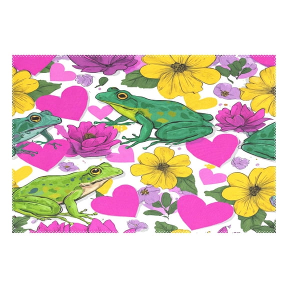 Rectangular Placemat Set 12'x18' Exquisite Print Durable & Heat Resistant Frogs & Hearts