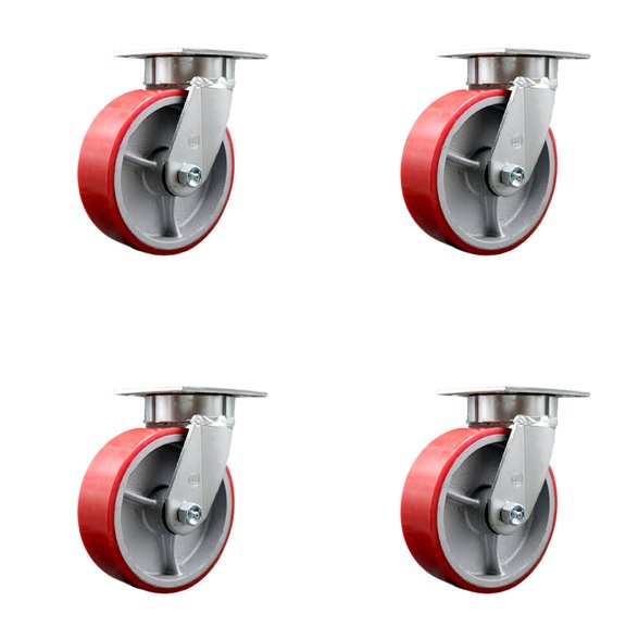 6 Inch Kingpinless Red Poly on Steel Wheel Swivel Top Plate Caster Set of 4
