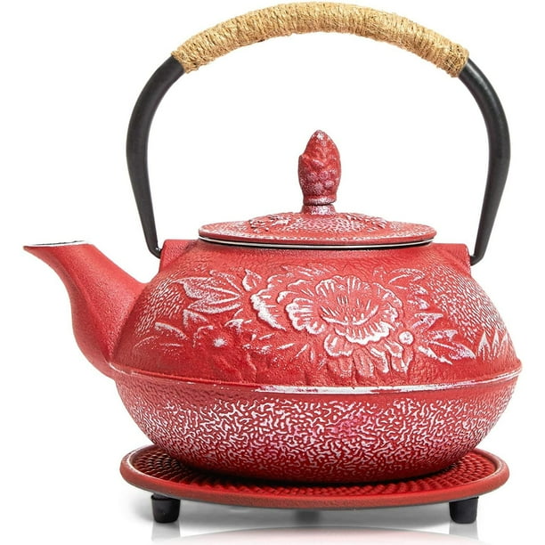 Red Floral Cast Iron Teapot Japanese Tea Kettle With Handle Tea Infuser Trivet 800 Ml 27 Oz Walmart Com Walmart Com
