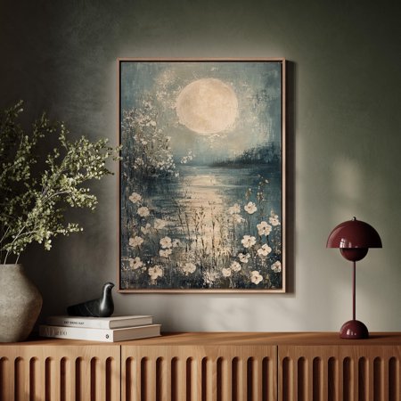 Moonlit Floral Landscape Poster Serene Art Depicting White Flowers By A Reflective Lake Under A Full Moon Poster Print Only