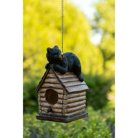 - Alpine Resting Bear on Log Cabin Birdhouse, 8 Inch Tall