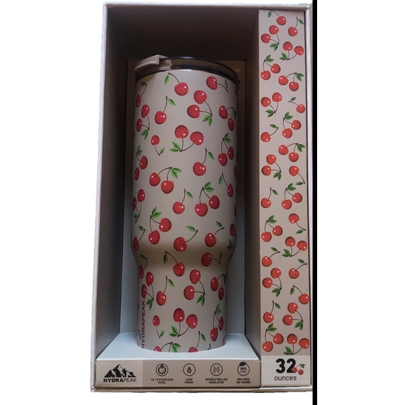Hydrapeak Voyager 32 oz No Handle Insulated Tumbler with Straw Lid, Latte Cherries (Tan with Small Cherries Print), Leakproof Stainless Steel - BPA-Free