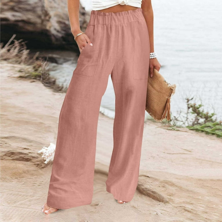 CZHJS Women's Solid Color Pants Clearance Long Palazzo Pants Comfy Casual  Loose Flowy Wide Leg Beach Trousers with Pockets Elastic Waist 2023 Summer