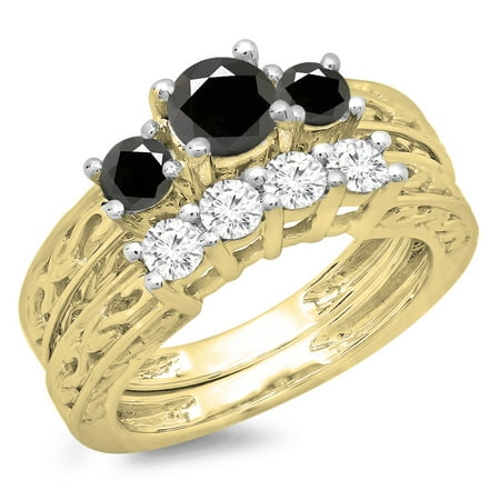 Dazzlingrock Collection 1.50 Carat (ctw) 14K Black & White Diamond 3 Stone Engagement Ring Set 1 1/2 CT, Yellow Gold, Size 8