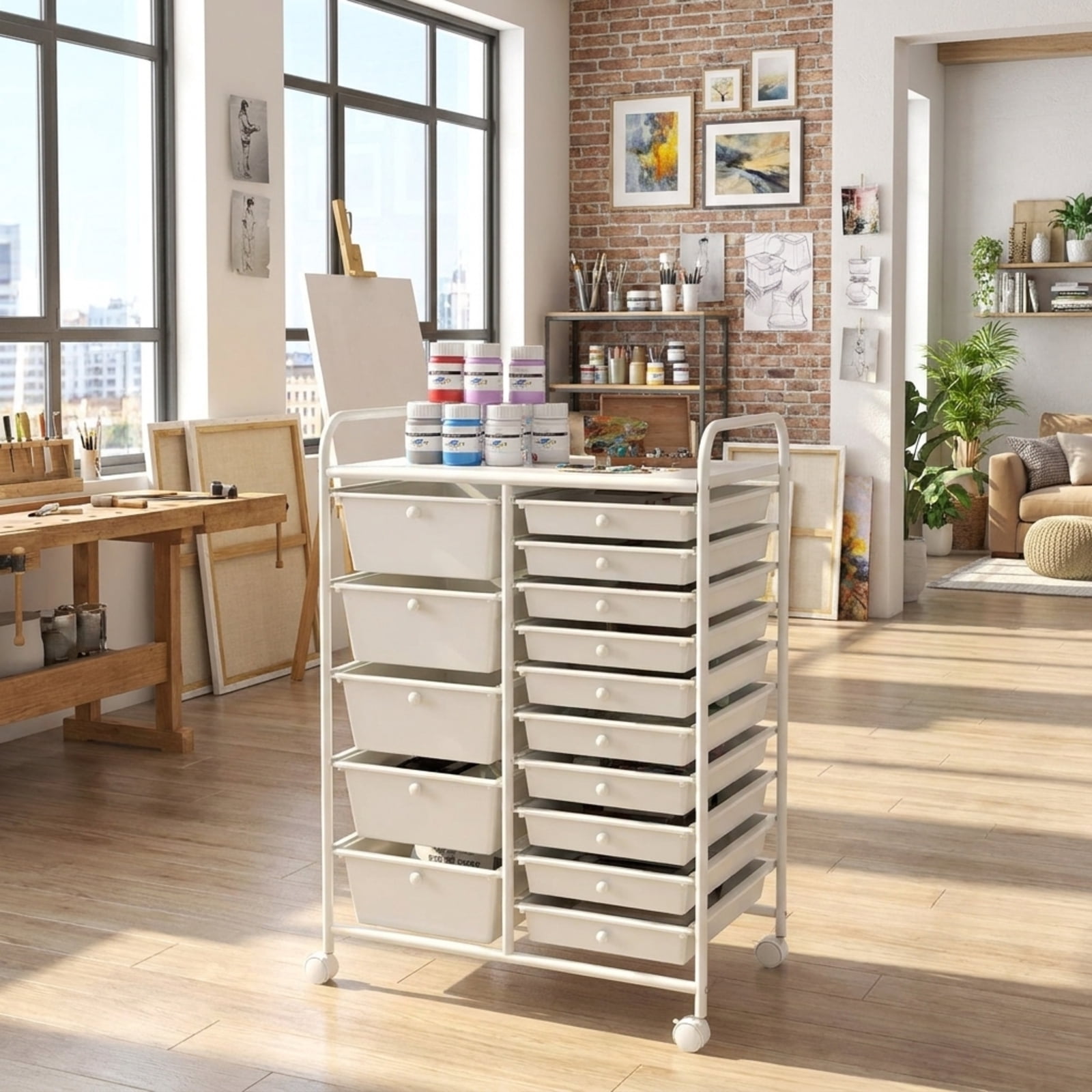 Furnibear 15-Drawer Utility Rolling Organizer Cart Multi-Use Storage for Home Office Craft Room Classroom, White