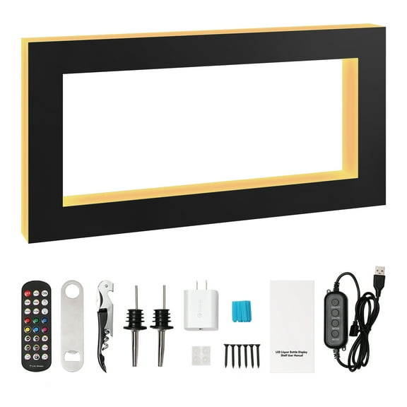 KFFKFF 48-inch LED liquor bottle display shelf with square design, illuminated bar rack for home use, featuring RF remote and app control, 7 static colors, and timer functionality