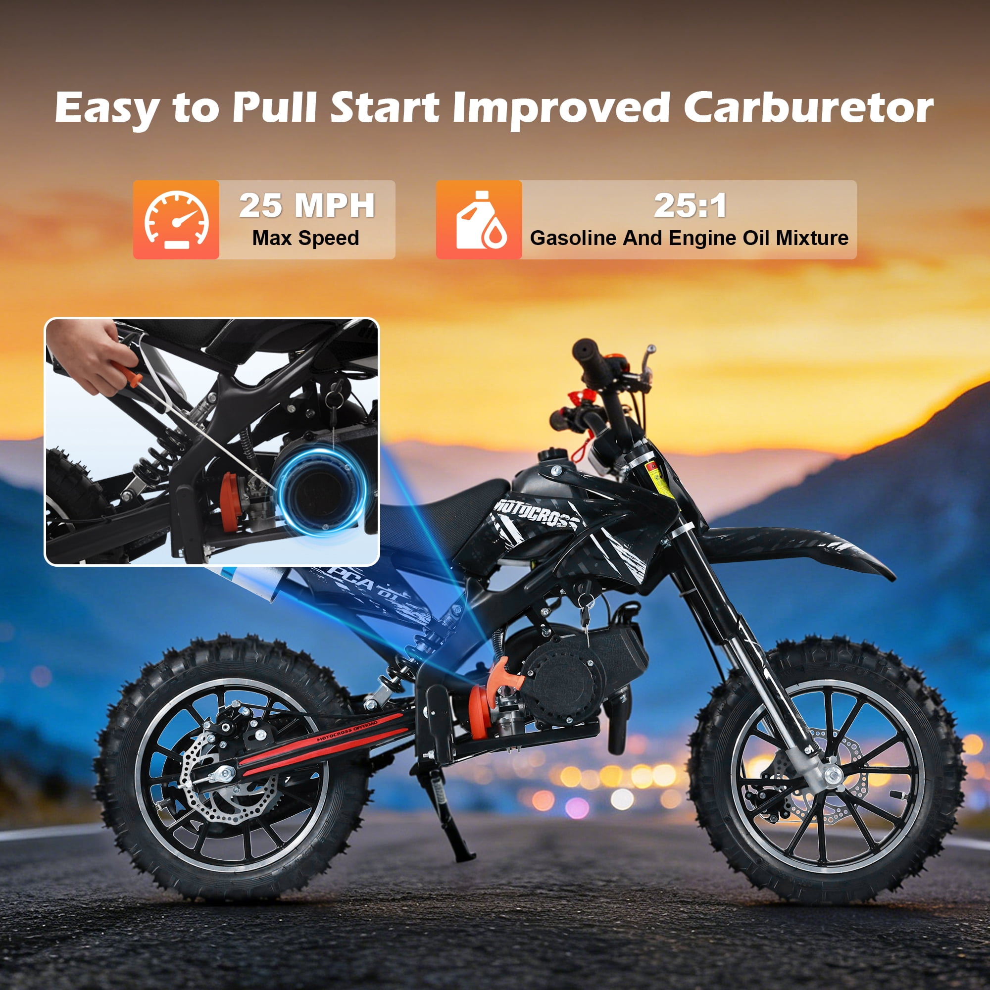 Gpower 49cc Dirt Bike for Kids 6-15,2-Stroke Gas Powered Mini Dirt Bike,1.5L Fuel Capacity,1-Seater,Black