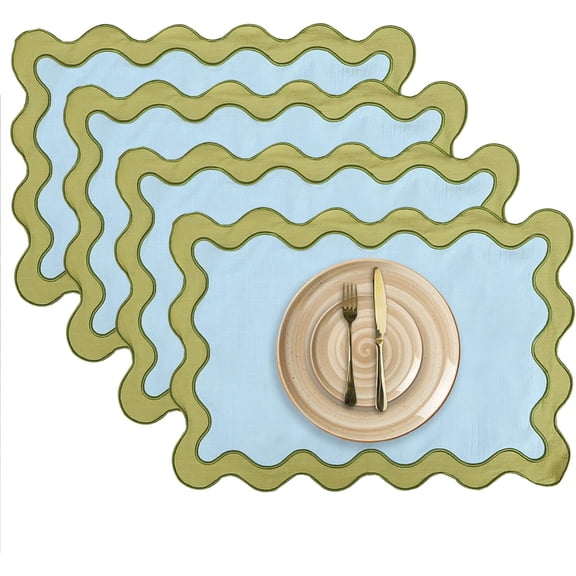 Placemats Set of 4, 13 x 19 Inch Cotton Table Placemats Washable Heat Resistant Woven Table Mats for Table Decor, Boho Scallop Embroidered Placemats (Beige)