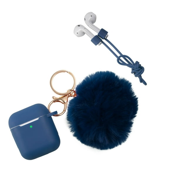 Insten Fluffy Pom Pom Case For Airpods 1 / 2, Silicone Carry Case with Keychain & Anti-Lost Strap, Soft Touch Protective Skin Cover, Blue