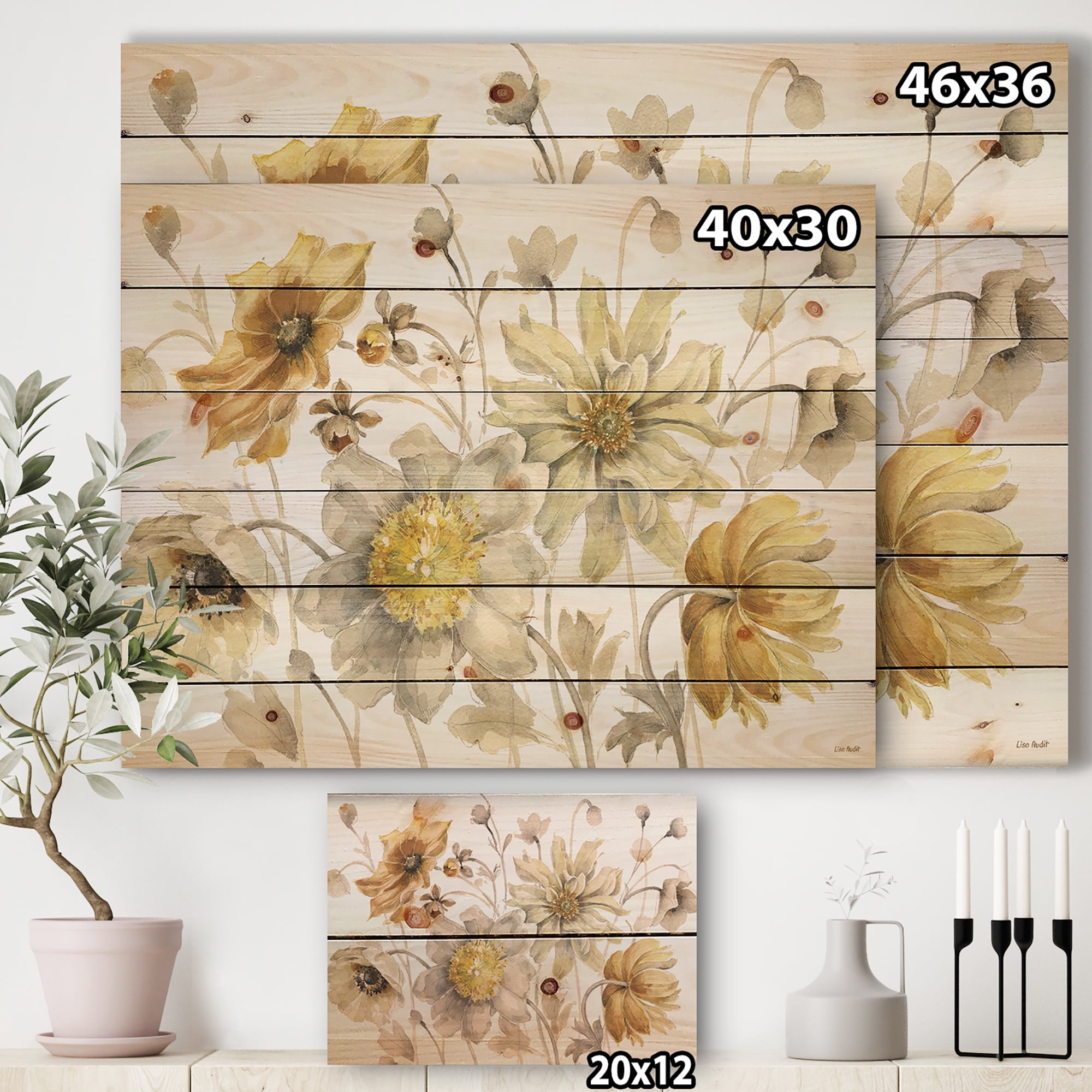 Designart 'Fields of Gold Flower Watercolor VII' Traditional Print on Natural Pine Wood