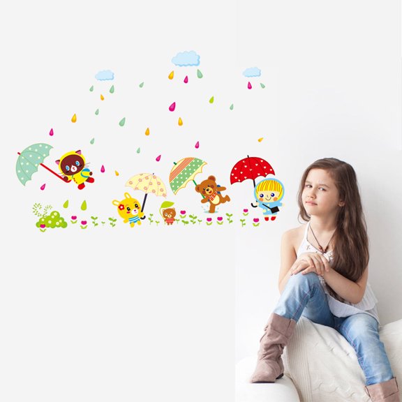Cute Cartoon Bear With Umbrella Rainy Wall Stickers Wall Decal PVC Transparent Film for Living Room Children's Room TV Sofa Background Wall Art Decors