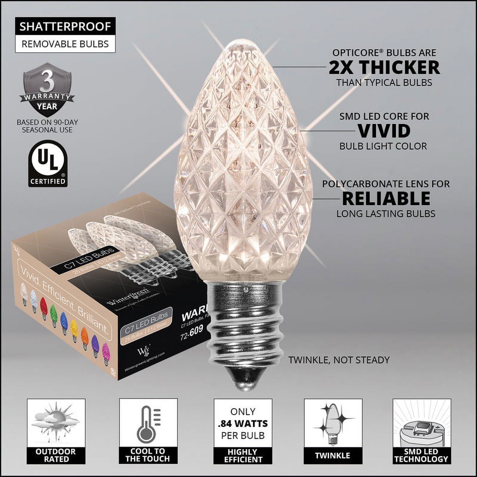 OptiCore C7 Shatterproof Warm White Twinkle LED Christmas Replacement Bulbs for String Lights, Pack of 25, 0.84W, E12 Base