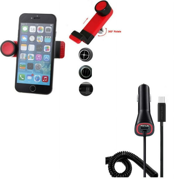 Power Type-C Quick Charger w Holder Air Vent Car Mount L2G for Acer Liquid Jade Primo - Alcatel PulseMix, 7, Idol 5S 5 4S - ASUS Zenfone V Live, ROG Phone, AR 6 5z 4 Pro - Blackberry Motion