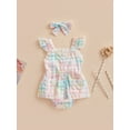 thumbnail image 3 of Baby Girls Romper Set, Fly Sleeve Plaid Lace Trim A-line Dress with Headband Summer Outfit, 3 of 9