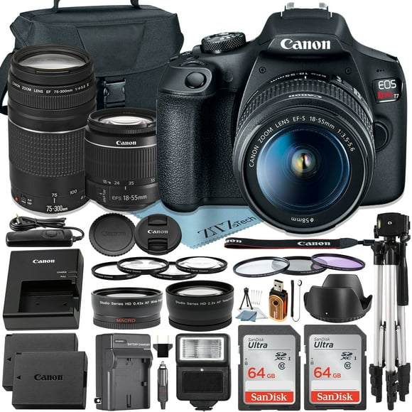Canon EOS Rebel T7 DSLR Camera with 18-55mm + 75-300mm Lens + 2 Pcs SanDisk 64GB Memory Card + Case + Tripod + Telephoto + ZeeTech Accessory Bundle