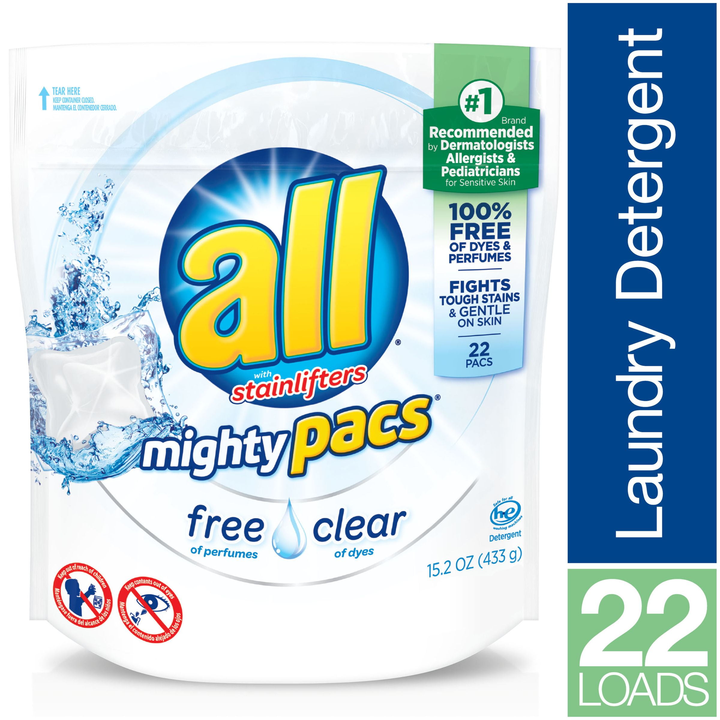 all Mighty Pacs Laundry Detergent, Free Clear for Sensitive Skin, Pouch