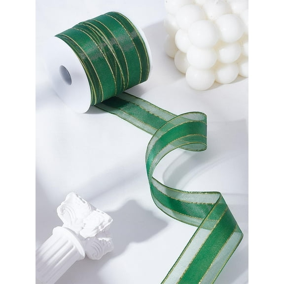 22~25 Yards Solid Color Organza Ribbons Dark Green Sheer Chiffon Webbing Golden Wired Edge Ribbon for Gift Wrapping Decorating Wedding Birthday Bouquet Garland 1 inch(22~25mm)