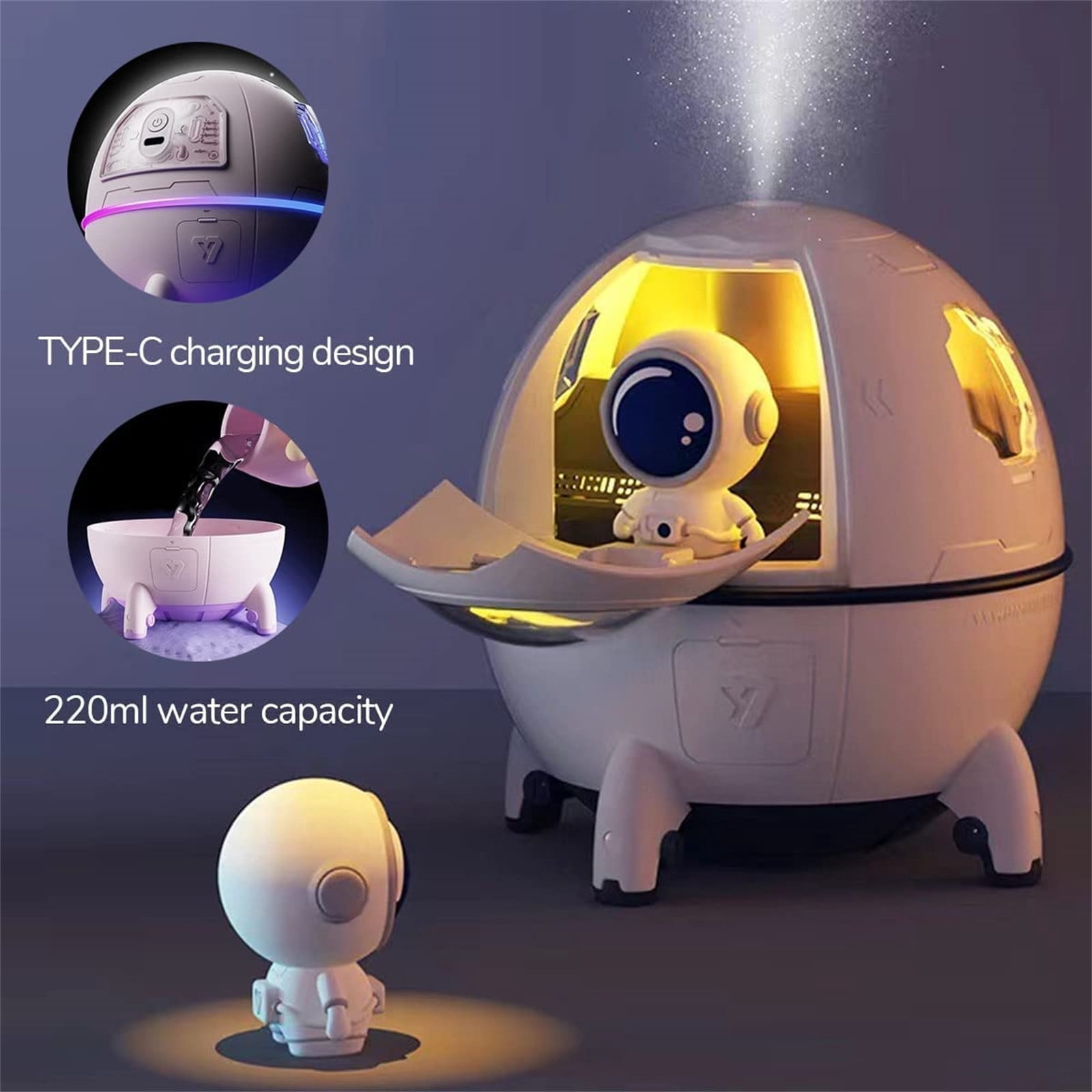 Oggfader Humidifiers for Bedroom Space Capsule Humidifier Mini Humidifier 220ml Usb Desktop Humidifier For Baby Bedroom Office Home Colorful Night Mode Purple